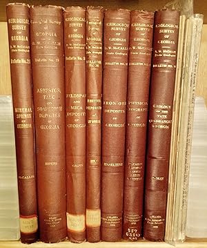 Imagen del vendedor de A SET OF 7 NEAR-FINE "BULLETINS" FROM THE GEOLOGICAL SURVEY OF GEORGIA, 1913-1928, INCLUDING 150 PLATES AND MAPS. VOLUMES ARE FIRST EDITIONS IN THE ORIGINAL CLOTH BINDINGS. PLUS, FIVE "ADMINISTRATIVE REPORTS OF THE GEORGIA STATE GEOLOGIST", 1896-1900, IN ORIGINAL PRINTED WRAPS. ALSO A COPY OF BULLETIN 39 IN WRAPS. a la venta por Olde Geologist Books