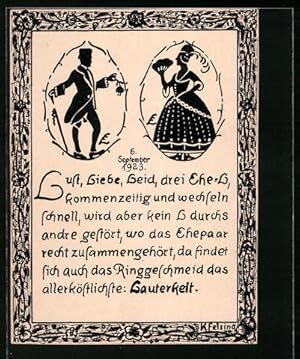 Handzeichnung Scherenschnitt mit Paar aus alter Zeit, datiert: 1923, Künstler: K. Felsing