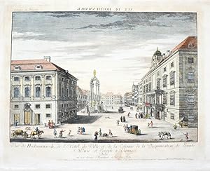 Bild des Verkufers fr Kolorierter Kupferstich, Guckkastenblatt von Siccrist nach Fischer von Erlach. Vue de Hochenmarck, de l' Hotel de Ville, et de la Colonne de la Desponsation de Sainte Marie et Joseph,  Vienne. zum Verkauf von Antiquariat Thomas Rezek