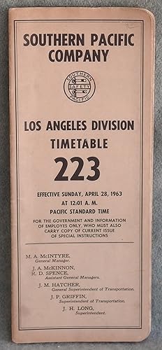 Imagen del vendedor de Southern Pacific Company Los Angeles Division Timetable 223 Effective Sunday, April 28, 1963 at 12:01 A. M. Pacific Standard Time a la venta por Argyl Houser, Bookseller