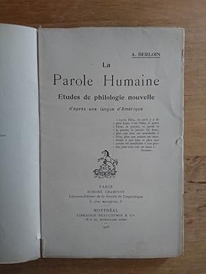 Seller image for La Parole Humaine - Etudes de philologie nouvelle for sale by Antiquariat Birgit Gerl