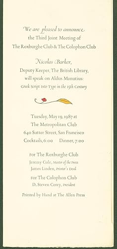 Image du vendeur pour The Roxburghe and the Colophon Club Meeting (announcement) mis en vente par Eureka Books