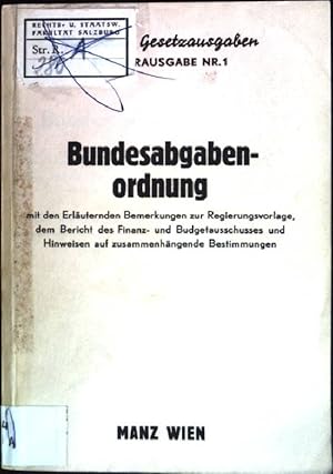 Bild des Verkufers fr Bundesabgabenordnung Manzsche Gesetzausgaben, Nr. 1 zum Verkauf von books4less (Versandantiquariat Petra Gros GmbH & Co. KG)