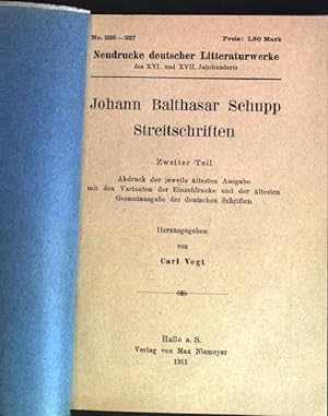 Seller image for Johann Balthasar Schupp Streitschriften; Zweiter Teil for sale by books4less (Versandantiquariat Petra Gros GmbH & Co. KG)