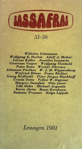 Bild des Verkufers fr Sassafras Bltter. Lesungen 1981. (51-56) zum Verkauf von books4less (Versandantiquariat Petra Gros GmbH & Co. KG)