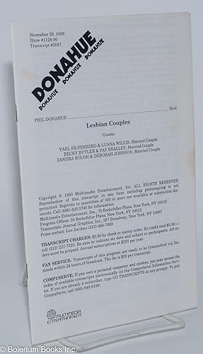 Seller image for Donahue: Lesbian Couples; November 28, 1990, show #1128-90, transcript #3087 for sale by Bolerium Books Inc.