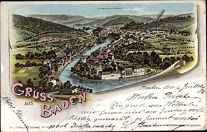 Litho Baden Kt. Aargau Schweiz, Panoramaansicht von Stadt und Umgebung
