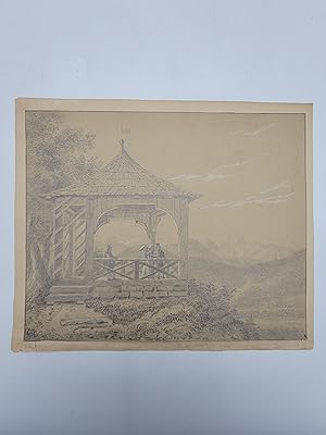 Original pencil drawing of a gazebo in the mountains.