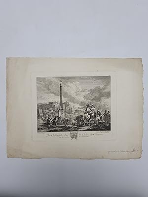 Etching of a coastal scene with obelisk-shaped fountain, several figures and a shipwreck.