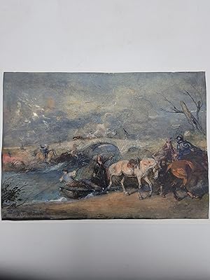 Original painting of a scene with horses, a bridge and a small boat.