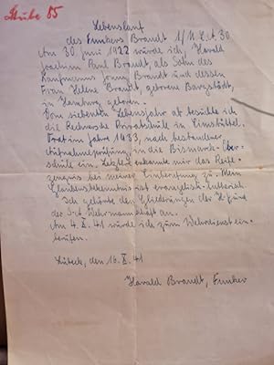 Handgeschriebener Lebenslauf des Funkers Harald Brand, geschrieben am 16. 10. 1941 in Lübeck auf ...