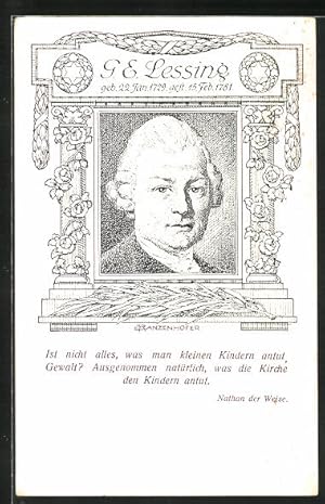 Bild des Verkufers fr Knstler-Ansichtskarte G. E. Lessing, Portrait des Dichters, Zitat aus Nathan der Weise zum Verkauf von Bartko-Reher