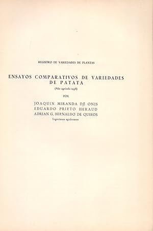 Imagen del vendedor de ENSAYOS COMPARATIVOS DE VARIEDADES DE PATATA (EXTRAIDO ORIGINAL DEL AO 1960, ESTUDIO COMPLETO TEXTO INTEGRO) a la venta por Libreria 7 Soles