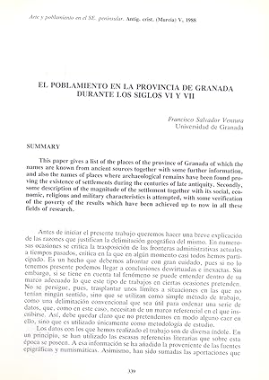 Seller image for EL POBLAMIENTO EN LA PROVINCIA DE GRANADA DURANTE LOS SIGLOS VI Y VII (EXTRAIDO ORIGINAL DEL AO 1988, ESTUDIO COMPLETO TEXTO INTEGRO) for sale by Libreria 7 Soles