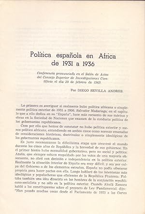 Imagen del vendedor de POLITICA ESPAOLA EN AFRICA DE 1931 A 1936 (EXTRAIDO ORIGINAL DEL AO 1963, ESTUDIO COMPLETO TEXTO INTEGRO, AFRICA) a la venta por Libreria 7 Soles