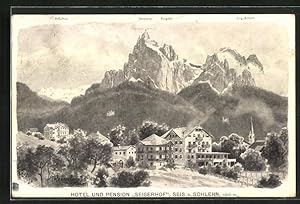 Künstler-Ansichtskarte F.A.C.M. Reisch: Seis a. Schlern, Hotel und Pension Sieserhof mit Burgstal...