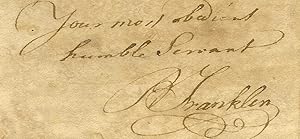 Image du vendeur pour BLESSED ARE THE PEACEMAKERS -- AN OUTSTANDING BENJAMIN FRANKLIN LETTER OF THE HIGHEST HISTORICAL IMPORTANCE: ''I AM SORRY LORD CHATHAM'S MOTION FOR A CESSATION OF ARMS, WAS NOT AGREED TO. EVERY THING SEEMS TO BE REJECTED BY YOUR MAD POLITICIANS THAT WOULD LEAD TO HEALING THE BREACH; AND EVERY THING DONE THAT CAN TEND TO MAKE IT EVERLASTING'' mis en vente par Gerard A.J. Stodolski, Inc.  Autographs