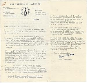 Bild des Verkufers fr [Stephen King-Hall; Friends of Hansard; Hansard Society] Circular Letter sent to "Friend[s] of Hansard" with what looks like a stamped signature of Stephen King-Hall. See image zum Verkauf von Richard M. Ford Ltd