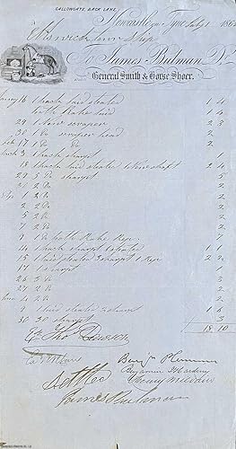 Seller image for James Bulman, General Smith and Horse Shoer of Gallowgate, Back Lane, Newcastle-on-Tyne. 1862 Receipt made out to Elswick Township for Jan-June 1862. Detailed handwritten (in ink) account on blue paper, pre-printed heading with nice engraving of a horse and blacksmith. Signed as 'Settled' by James Bulman, with five other signatures. for sale by Cosmo Books