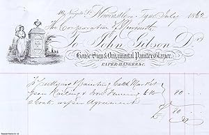 Seller image for John Gibson, House Sign and Ornamental Painter, Glazier and Paper Hanger; 1882 Receipt for work carried out for the Corporation of Newcastle on the Cattle Market. Handwritten on blue paper, pre-printed heading with small engraved illustration. for sale by Cosmo Books