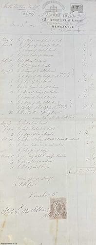 Seller image for John Youll, Whitesmith and Bell Hanger of 73 Northumberland Street, Newcastle-upon-Tyne. 1861 Receipt for work at the 'Butcher Market' between 1860 and 1861. Detailed, neatly handwritten (in ink) account on blue/grey paper. Pre-printed heading with engraving, signed 'settled' by John Youll, with two other signatures and a one penny stamp. for sale by Cosmo Books