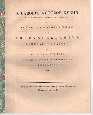 Bild des Verkufers fr Index medicorum oculariorum inter Graecos Romanosque 9 Promotionsankndigung von Gustav Heinrich Vogel aus Schlettau. zum Verkauf von Wissenschaftliches Antiquariat Kln Dr. Sebastian Peters UG