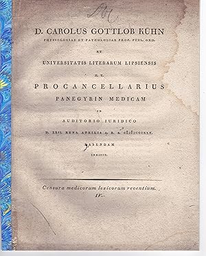 Bild des Verkufers fr Censura lexicorum medicorum recentium 4. Promotionsankndigung von Gustav Friedrich Gruner aus Dresden. zum Verkauf von Wissenschaftliches Antiquariat Kln Dr. Sebastian Peters UG