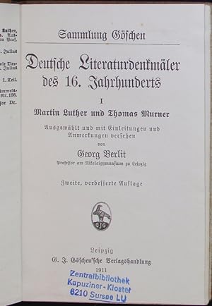 Bild des Verkufers fr Deutsche Literaturdenkmler des 16. Jahrhunderts I. zum Verkauf von Antiquariat Bookfarm