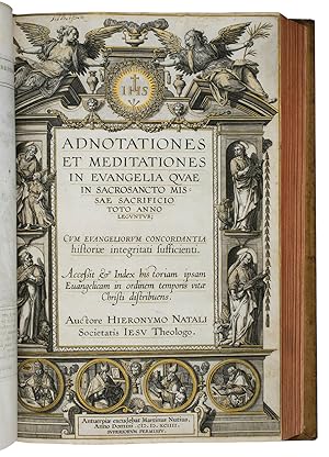 Imagen del vendedor de Evangelicae historiae imagines ex ordine evangeliorum, quae toto anno in missae sacrificio recitantur, in ordinem temporis vitae Christi digestae.Antwerp, [Martinus Nutius], 1593.With: (2) IDEM. Adnotationes et meditationes in evangelia quae in sacrosancto missae sacrificio toto anno leguntur. Cum evangeliorum concordantial historiae integritati sufficienti. Antwerp, Martinus Nutius, 1594 (colophon dated 1595). 2 works in 1 volume. Folio. Each work with an engraved allegorical title-page, extensively highlighted in gold, and woodcut initials and headpieces. Ad 1 contains a print series showing the life of Christ in 153 full-page engravings by the Wierix brothers, Jan II and Adriaen Collaert and Charles de Malery after Bernardo Passari and Maarten de Vos. It also has an engraved allegorical and ornamental headpiece on A2, reading "IHS In nomine Jesu". Mid 19th-century light brown calf with a blind-tooled ornamental frame on both boards, a gold-tooled spine, a black morocco spine label a la venta por Antiquariaat FORUM BV