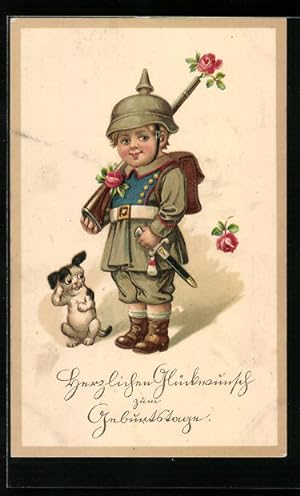 Bild des Verkufers fr Ansichtskarte Kleiner Soldat mit Hund zum Verkauf von Bartko-Reher