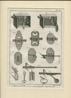 Imagen del vendedor de Schlosserarbeiten Pl 20 - Kupferstich. Serrurerie - Bec de Cannes Targettes Laqueteaux a la venta por Antiquariat Buchseite