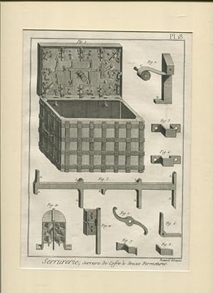 Imagen del vendedor de Schlosserarbeiten Pl 18 - Kupferstich. Serrurerie - Serrures de Cofre a douze Fremetures a la venta por Antiquariat Buchseite