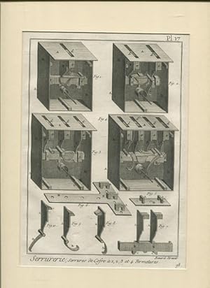 Imagen del vendedor de Schlosserarbeiten Pl 17 - Kupferstich. Serrurerie - Serrures de Cofre a 1, 2, 3, et 4 Fremetures a la venta por Antiquariat Buchseite