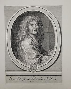 Engraved portrait of French playwright Moliere in oval border.