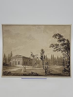 Aquatint print of a park and building.
