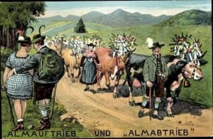 Ansichtskarte / Postkarte Almauftrieb und Almabtrieb, Kühe, Festzug, Liebespaar