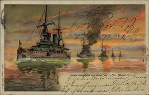 Bild des Verkufers fr Knstler Litho Deutsche Kriegsschiffe, Kriegsflotte auf hoher See, Am Abend, Kaiserliche Marine zum Verkauf von akpool GmbH