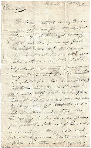 1779 - Revolutionary War funding-status letter from the Commissary-General for the Middle Distric...