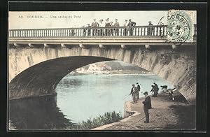 Ansichtskarte Corbeil, Une arche du Pont, Angler unter der Brücke