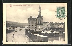 Ansichtskarte Corbeil, Inondation du 28 Janvier 1910, Pont et Hotel de Ville, Zugwagons im Hochwa...