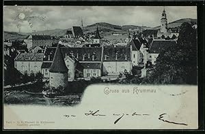 Mondschein-Ansichtskarte Krumau / Cesky Krumlov, Panorama mit Kirche