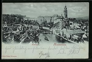 Mondschein-Ansichtskarte Krumau / Cesky Krumlov, Totalansicht mit Schloss