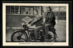 Bild des Verkufers fr Ansichtskarte Berlin, Dreilnderfahrt d. Eisernen Gustav Hartmann auf seinem Zndapp Z300 Motorrad zum Verkauf von Bartko-Reher