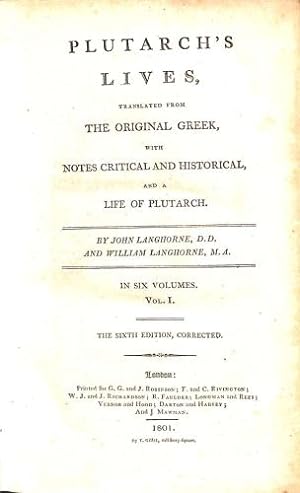 Bild des Verkufers fr Plutarch's Lives Translated from the Original Greek with Notes Critical and Historical and A Life of Plutarch Vol I zum Verkauf von WeBuyBooks