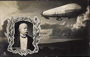 Ansichtskarte / Postkarte Luftschiff im Flug, Portrait Graf Zeppelin, Lorbeerkranz