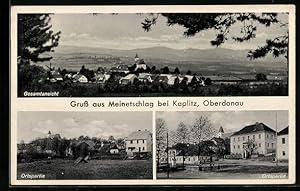 Ansichtskarte Meinetschlag bei Kaplitz, Ortsansicht aus der Ferne, Brunnen am Marktplatz