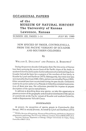 Immagine del venditore per New Species of Frogs, Centrolenella, from the Pacific Versant of Ecuador and Southern Colombia. venduto da Frank's Duplicate Books