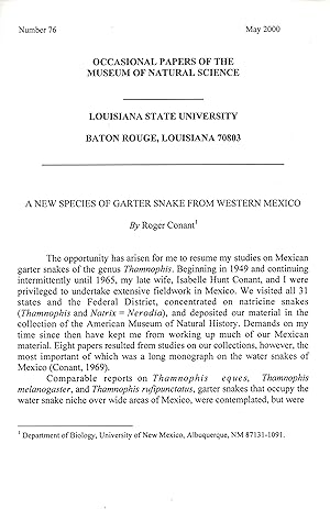 Bild des Verkufers fr A New Species of Garter Snake from Western Mexico zum Verkauf von Frank's Duplicate Books