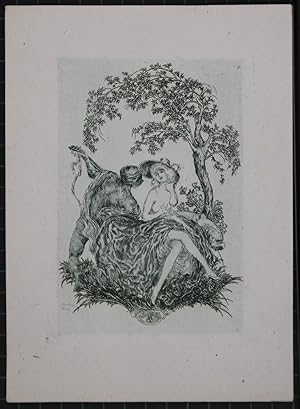 Imagen del vendedor de Frauenakt mit Hut unter Baum und Mann mit Gitarre. Radierung mit grnlichem Plattenton. a la venta por Antiquariat  Braun