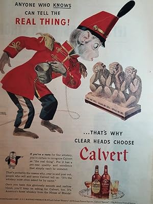 Seller image for Advertisement for Calvert Blended Whiskey with See No Evil, Hear No Evil, Speak No Evil "Anyone Who Knows Can Tell the REAL THING! .that's why Clear Heads Choose CALVERT!" for sale by Hammonds Antiques & Books